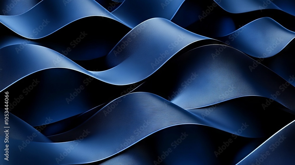 Poster dynamic and fluid shapes created by intertwining blue ribbons.
