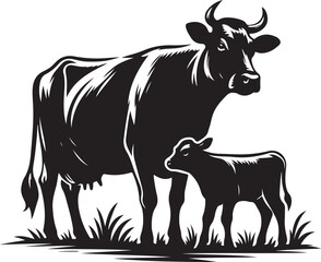 Silhouette Icon of Cow and Calf - Vector Design, White Background.