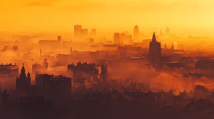 Naklejka premium Golden-hued autumn trees outside a window, city skyline visible, with warm sunlight filtering through for a peaceful seasonal background