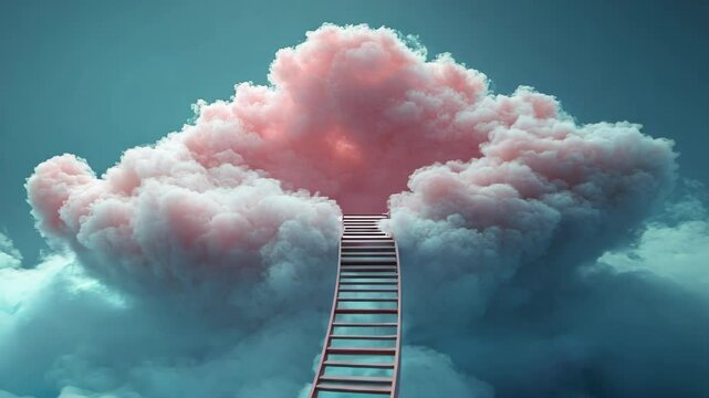 A pink cloud with a red ladder in the middle. The ladder is going up and down. The sky is blue