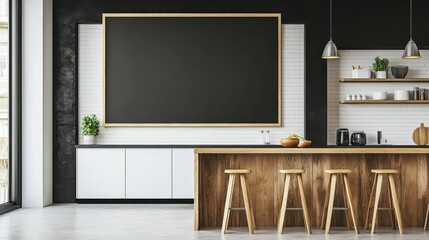 Minimalist kitchen with a blank chalkboard on the wall