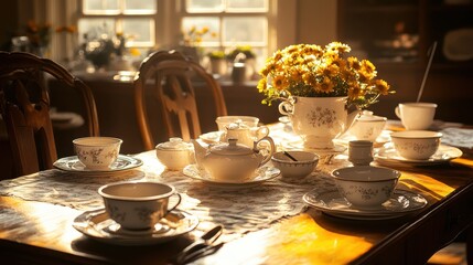 Fototapeta premium Charming tea setting with vintage teacups and a bright sunflower centerpiece.