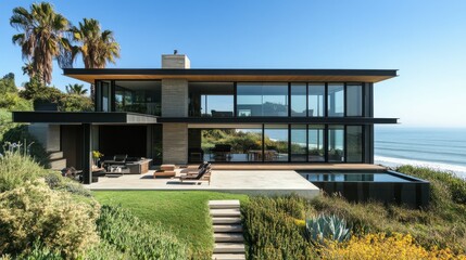 Fototapeta premium Modernist beach home with sleek design.