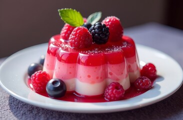Berry three-layer pudding decorated with raspberries, blackberries and blueberries lies on a white plate, close-up.