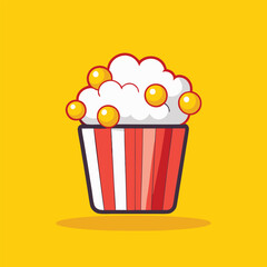 A cartoon illustration of a bucket of popcorn on a yellow background.