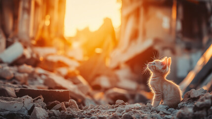 A small kitten sits amidst the rubble of a destroyed building, the setting sun casting a warm glow.
