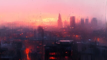 Obraz premium Soft fall colors seen through a window, orange and red leaves alongside city buildings, creating an atmospheric autumnal cityscape