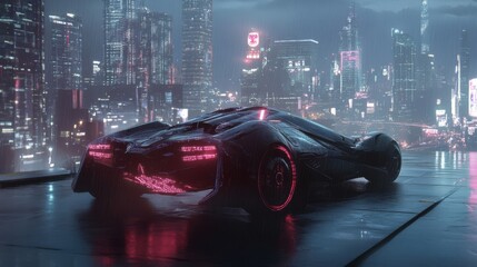 Obraz premium Cyberpunk Cityscape: A futuristic sports car gleams under the neon glow of a towering metropolis, its sleek lines and vibrant accents hinting at a world of speed and innovation.