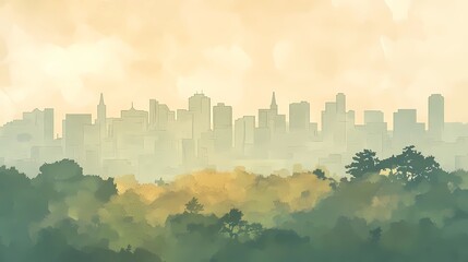 Obraz premium Soft fall colors seen through a window, orange and red leaves alongside city buildings, creating an atmospheric autumnal cityscape