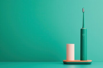 3D model of a toothbrush in a charging dock next to a tube of whitening toothpaste, Toothbrush charging, Tech-forward and efficient