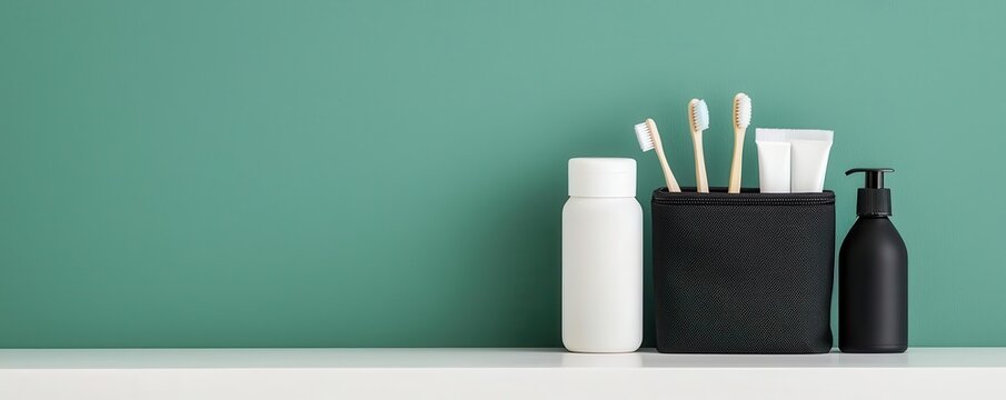 Visualization of a dental hygiene kit, including a toothbrush, toothpaste, floss, and mouthwash, all arranged in a travel pouch, Dental hygiene kit, Portable and organized