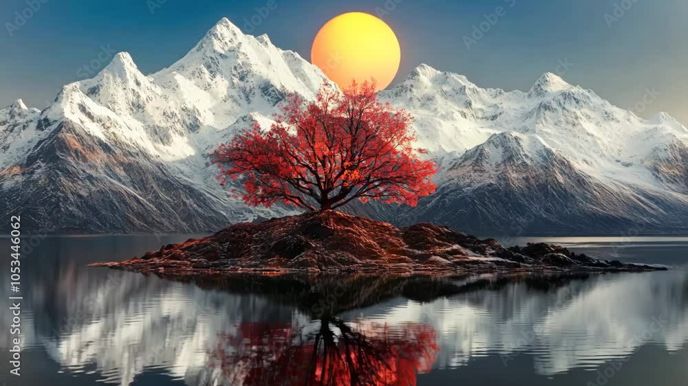 Poster a mountain range with a red tree in the foreground and a large orange sun in the background. the sce