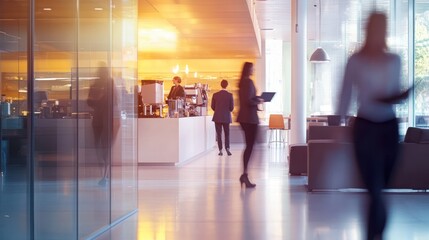 An abstract blurred depiction of a bustling office space filled with natural light,