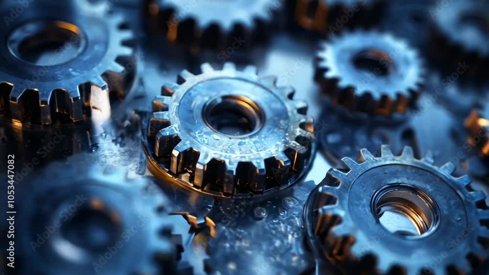 Poster a close up of a bunch of gears with a metallic look. the gears are all different sizes and are arran