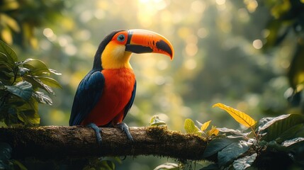 Obraz premium A toucan perched on a branch in a lush tropical rainforest with the sun shining through the leaves.