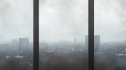 Naklejka premium Soft fall colors seen through a window, orange and red leaves alongside city buildings, creating an atmospheric autumnal cityscape