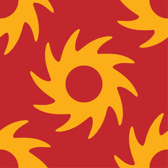 Patrón de estampado de remolinos o cuchillas círculares en amarillo mostaza sobre fondo rojo