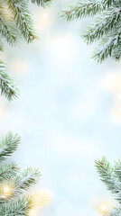 Christmas New Year poster and banner greeting card, border frame. Christmas background Flat lay of pine branches