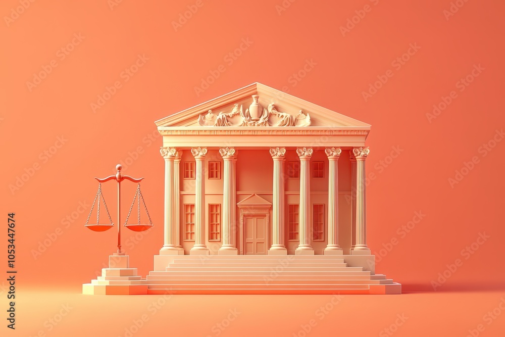 Poster a building with a scale of justice on the left side