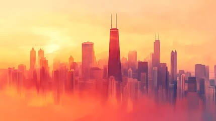 Fototapeta premium A scenic autumn view from a window, city rooftops and golden leaves under a soft, diffused morning light, seasonal and inviting