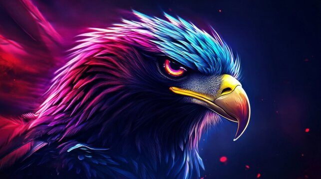 A detailed depiction of an eagle’s head showcasing bright, neon hues.