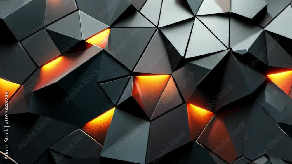 Poster a black and orange abstract wall with many triangles. the triangles are lit up with orange light. th