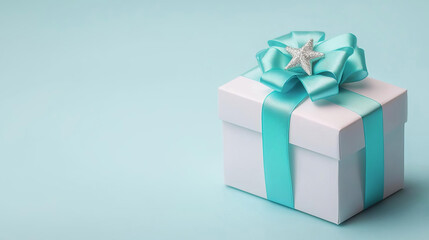 Obraz premium Elegant white gift box with turquoise ribbon and star decorations on blue background for winter holiday and baby shower gift presentations with copy space