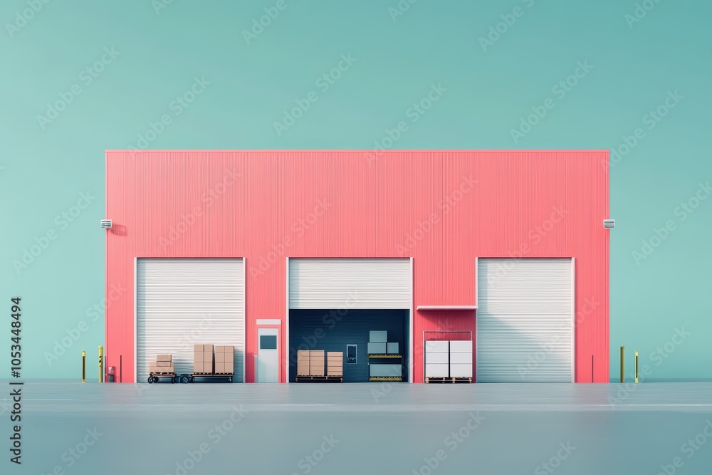 Poster a colorful building with a garage door and a large window