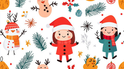 Naklejka premium Whimsical Christmas pattern with cute winter characters and festive elements Holiday seamless background Seamless pattern