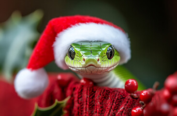 A festive snake wearing a Santa hat poses cheerfully among holiday decorations