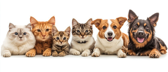 Obraz premium various sizes of cats and dogs a group of pets sitting together facing front isolated on white background