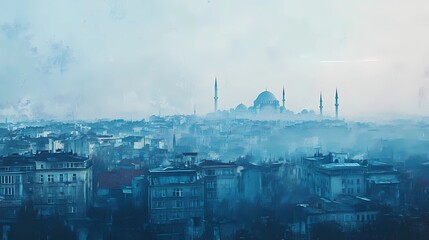 Obraz premium Soft light filters through a burlap curtain in a city apartment, with a subtle autumn city view blurred beyond the window