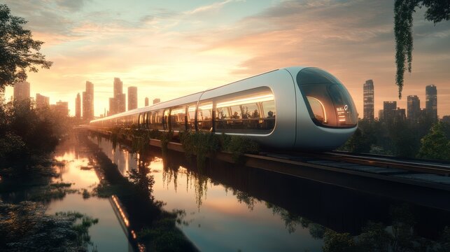 Futuristic Hyperloop Transit at Sunset 