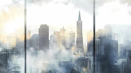 Soft light filters through a burlap curtain in a city apartment, with a subtle autumn city view blurred beyond the window