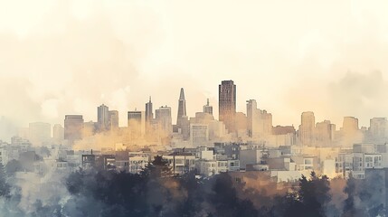 Obraz premium Soft light filters through a burlap curtain in a city apartment, with a subtle autumn city view blurred beyond the window