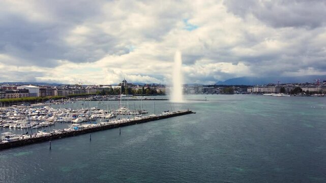 Jet d'Eau de Gen&egrave;ve Fountain In Geneva, Switzerland. Aerial Shot