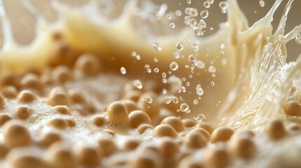 A dynamic splash of soy milk highlights its creamy texture.