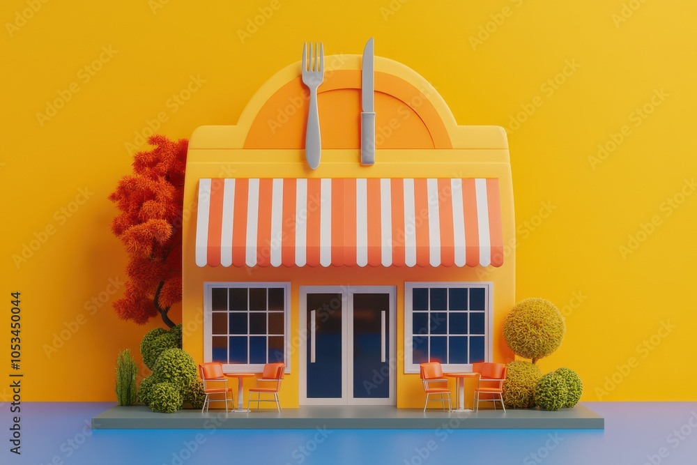 Poster a small colorful building with a awning and a sign on the front