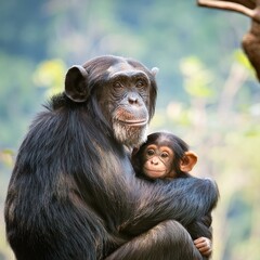 Naklejka premium chimpanzee mum with baby , AI generated