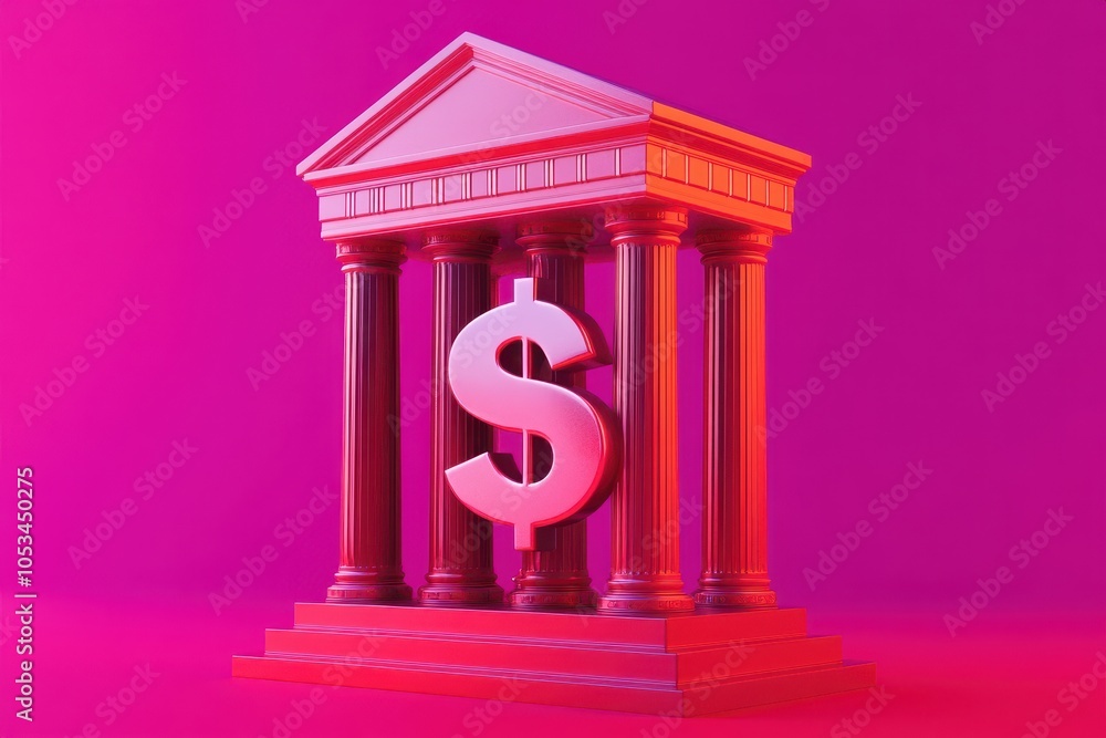 Poster a dollar sign is on top of a building with columns