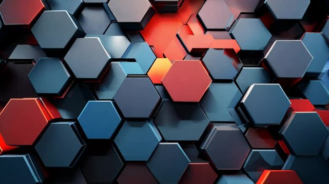 A colorful abstract pattern of hexagons in blue and red. The pattern is made up of many small squares, and the colors are vibrant and bold. Scene is energetic and dynamic, with the colors