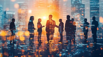 Symbolizing collaboration and success among business leaders in a modern office backdrop.