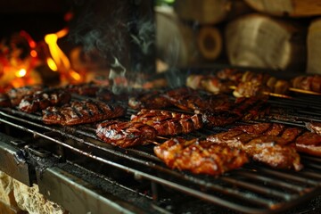 Barbecue grill with various kinds of meat cooking on a hot flaming grill
