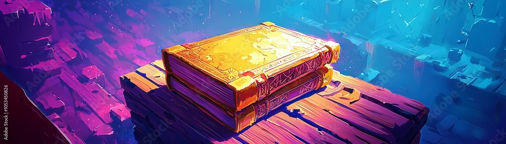 Poster captivating stack of spell books on a colorful background