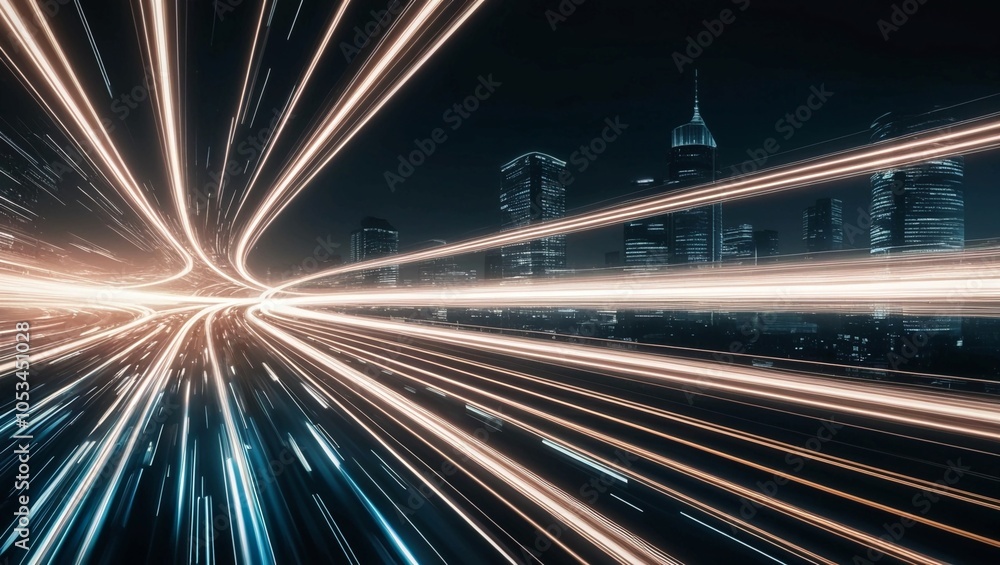 Poster dynamic light trails zooming through a dark cityscape, creating an abstract motion effect, symbolizi