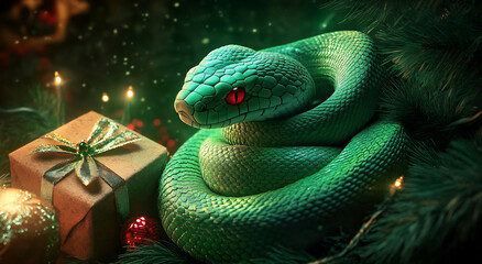 Fototapeta premium A green snake curled around a gift under a Christmas tree with glowing decorations and a festive atmosphere