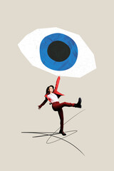 Vertical creative art collage of happy girl ufo imitation eyeball spy stalker observer stare...