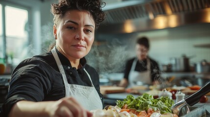 Chef preparing fresh vegetables in professional kitchen with focus and determination