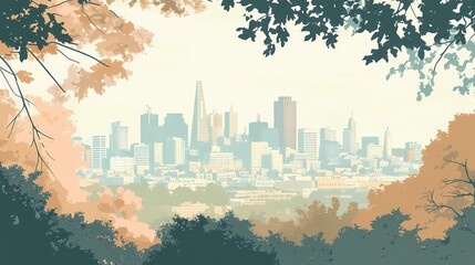 Fototapeta premium Warm-toned burlap curtain covers the window of a city apartment, hinting at a peaceful autumn view in the background