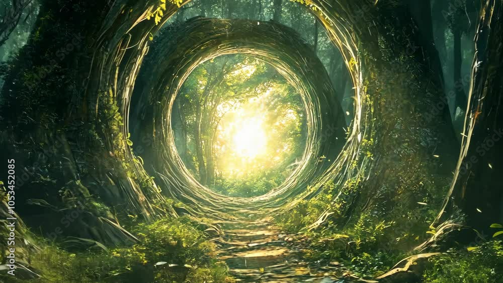 Aufkleber a stone path leads through a mystical, green forest towards a bright light, creating a tunnel of twi